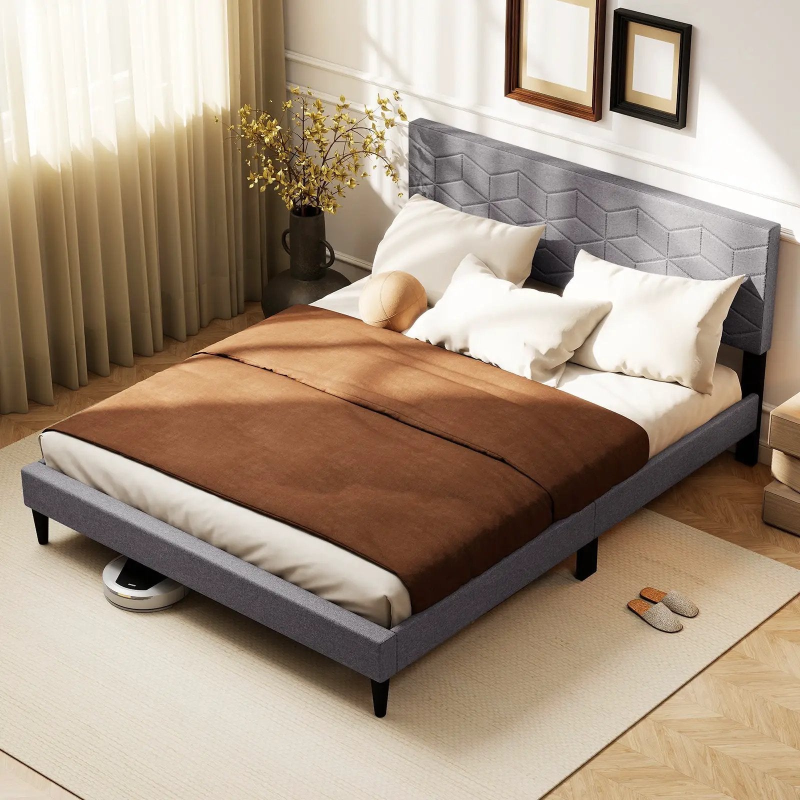 Twin/Full/Queen Size Bed Frame Modern Platform Bed with Linen Fabric Upholstered Headboard by DirectDeals