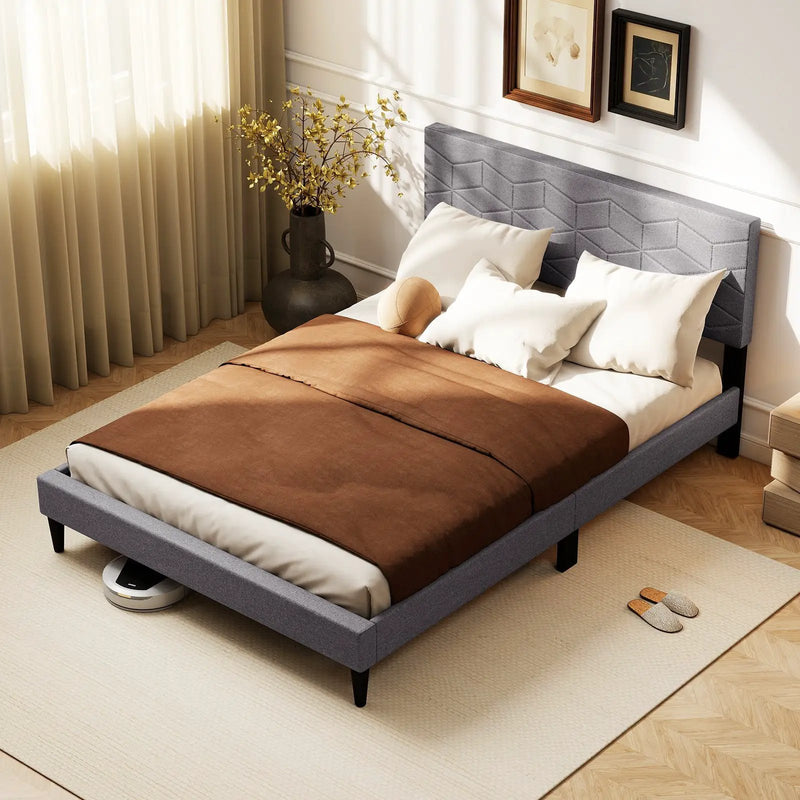 Twin/Full/Queen Size Bed Frame Modern Platform Bed with Linen Fabric Upholstered Headboard by DirectDeals