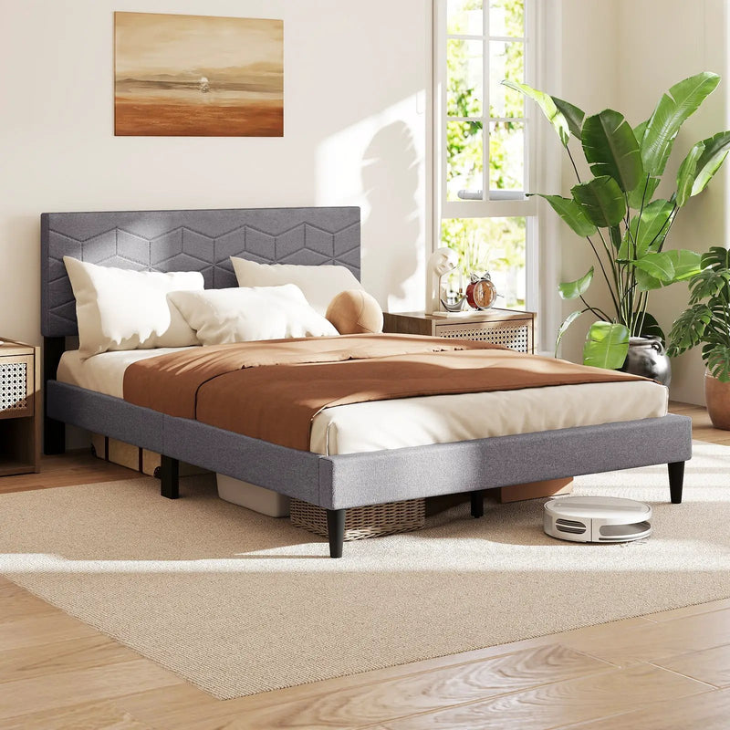 Twin/Full/Queen Size Bed Frame Modern Platform Bed with Linen Fabric Upholstered Headboard by DirectDeals