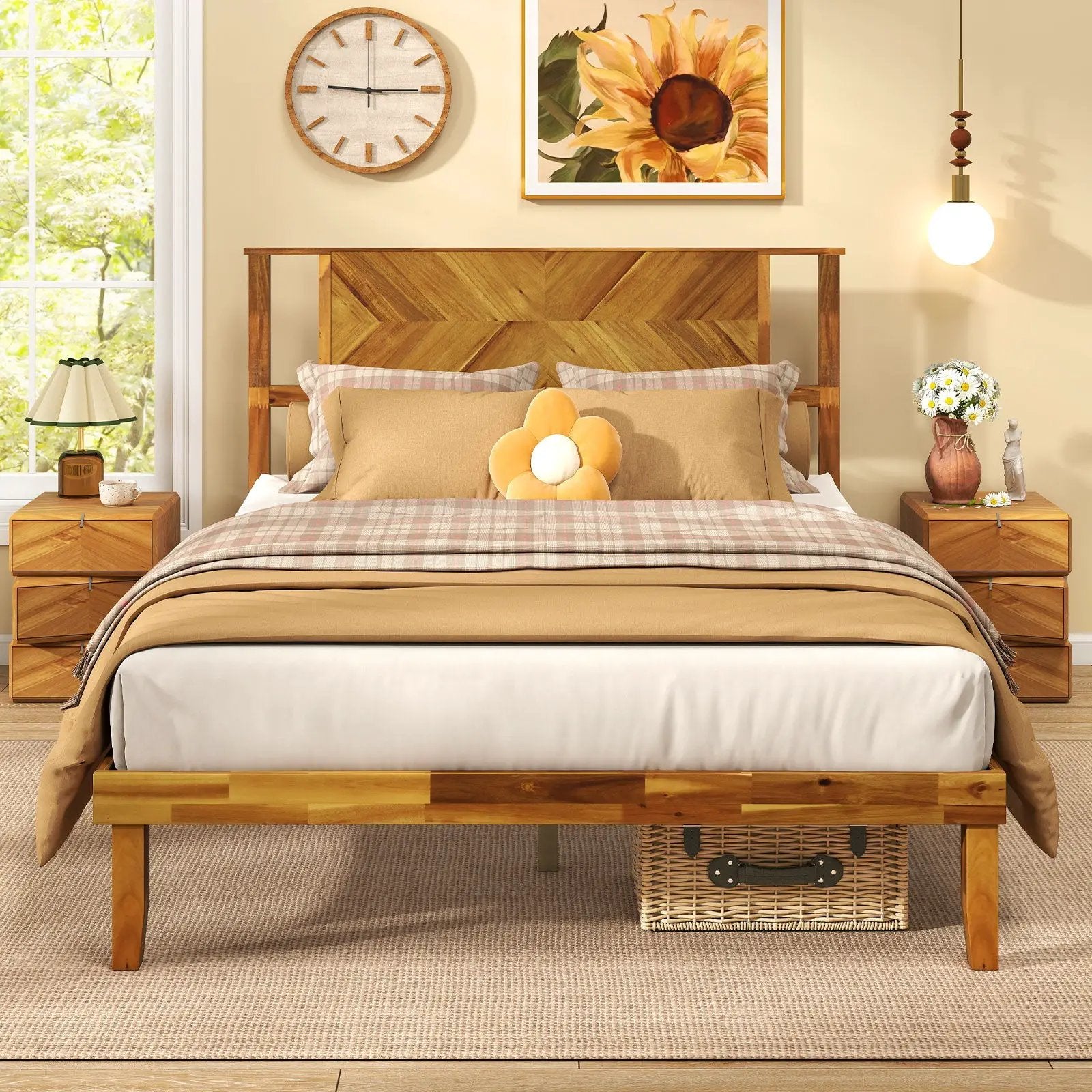 Twin/Full/Queen Size Bed Frame Mid-Century Acacia Wood Platform Bed with Headboard by DirectDeals