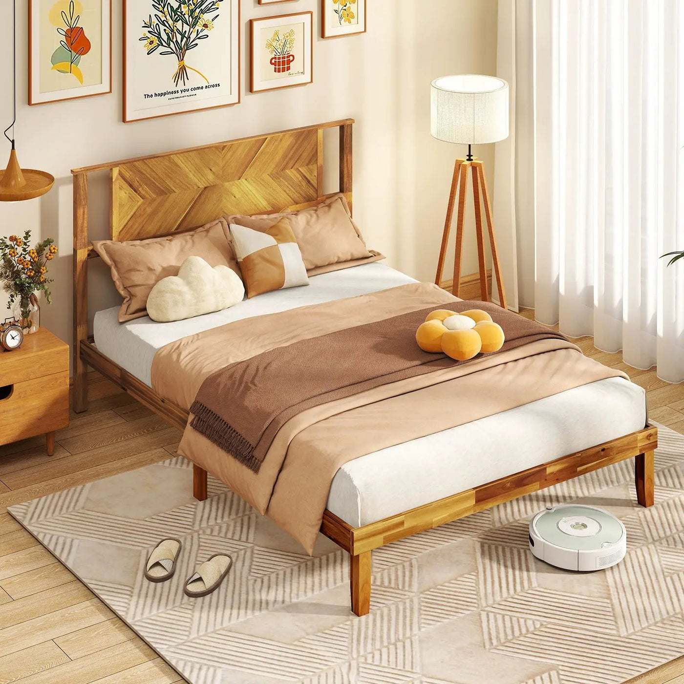 Twin/Full/Queen Size Bed Frame Mid-Century Acacia Wood Platform Bed with Headboard by DirectDeals