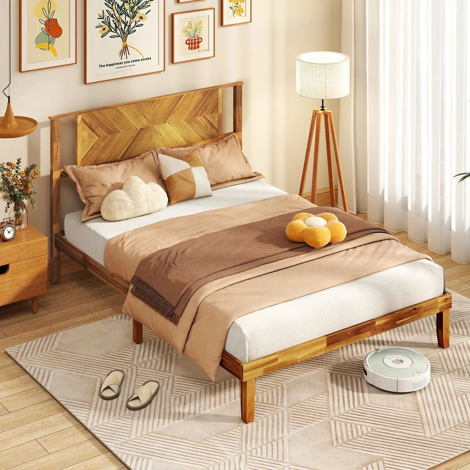 Twin/Full/Queen Size Bed Frame Mid-Century Acacia Wood Platform Bed with Headboard by DirectDeals