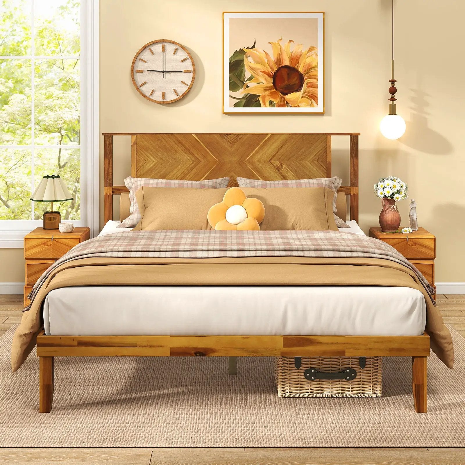 Twin/Full/Queen Size Bed Frame Mid-Century Acacia Wood Platform Bed with Headboard by DirectDeals