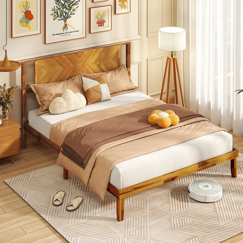 Twin/Full/Queen Size Bed Frame Mid-Century Acacia Wood Platform Bed with Headboard by DirectDeals