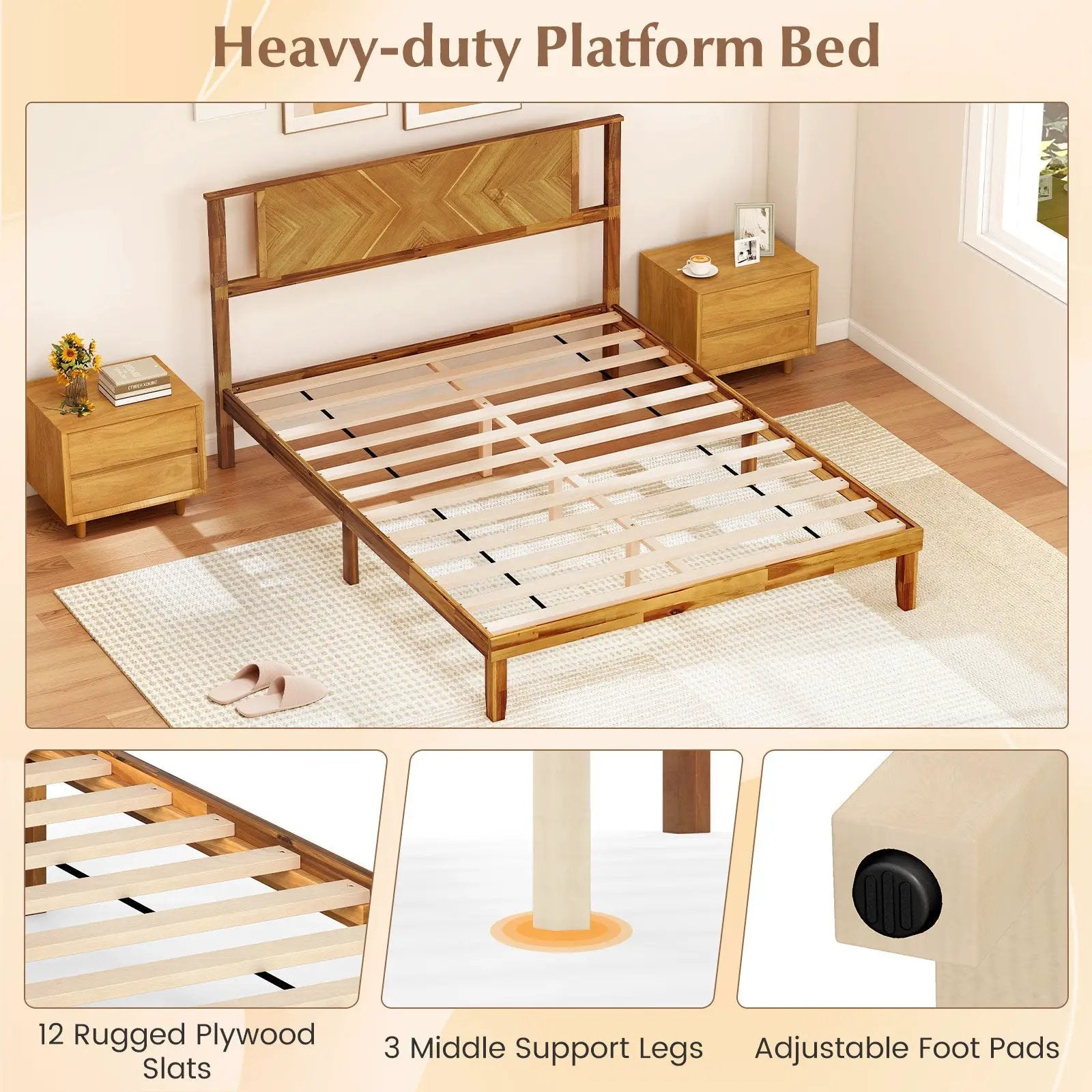 Twin/Full/Queen Size Bed Frame Mid-Century Acacia Wood Platform Bed with Headboard by DirectDeals