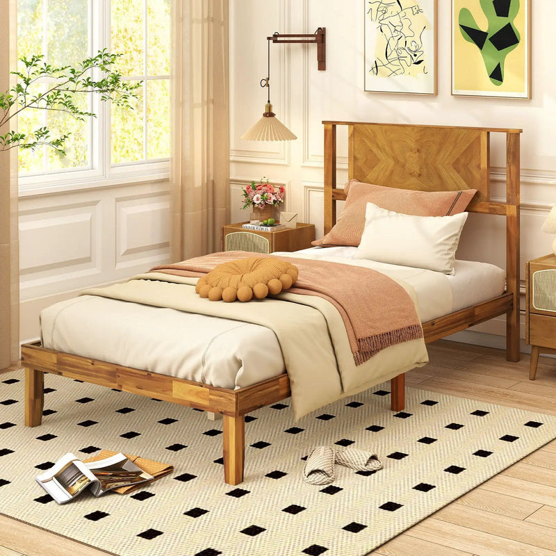 Twin/Full/Queen Size Bed Frame Mid-Century Acacia Wood Platform Bed with Headboard by DirectDeals
