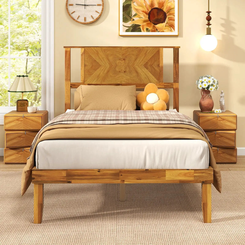 Twin/Full/Queen Size Bed Frame Mid-Century Acacia Wood Platform Bed with Headboard by DirectDeals