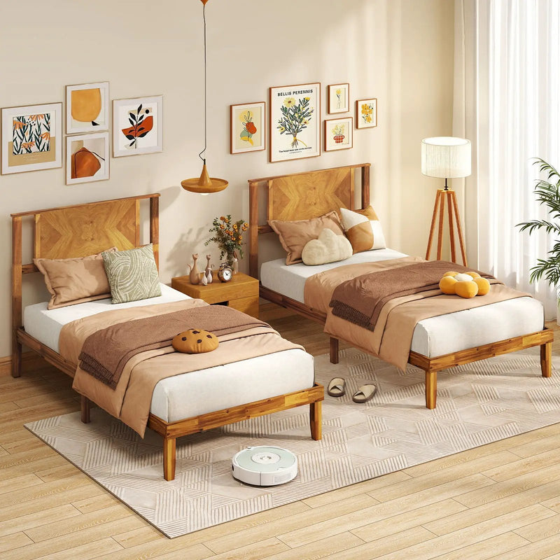 Twin/Full/Queen Size Bed Frame Mid-Century Acacia Wood Platform Bed with Headboard by DirectDeals