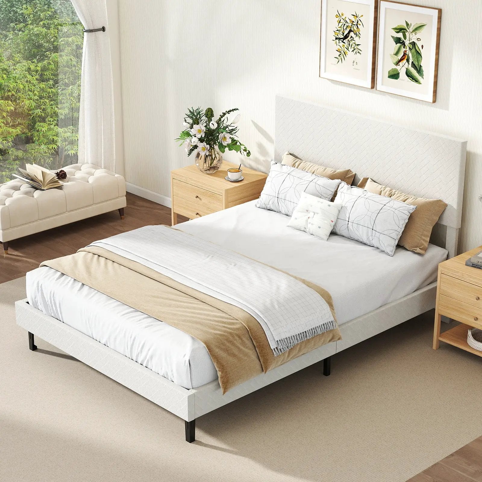 Twin/Full/Queen Size Velvet Bed Frame Upholstered Platform Bed with Chevron Headboard Beige by DirectDeals