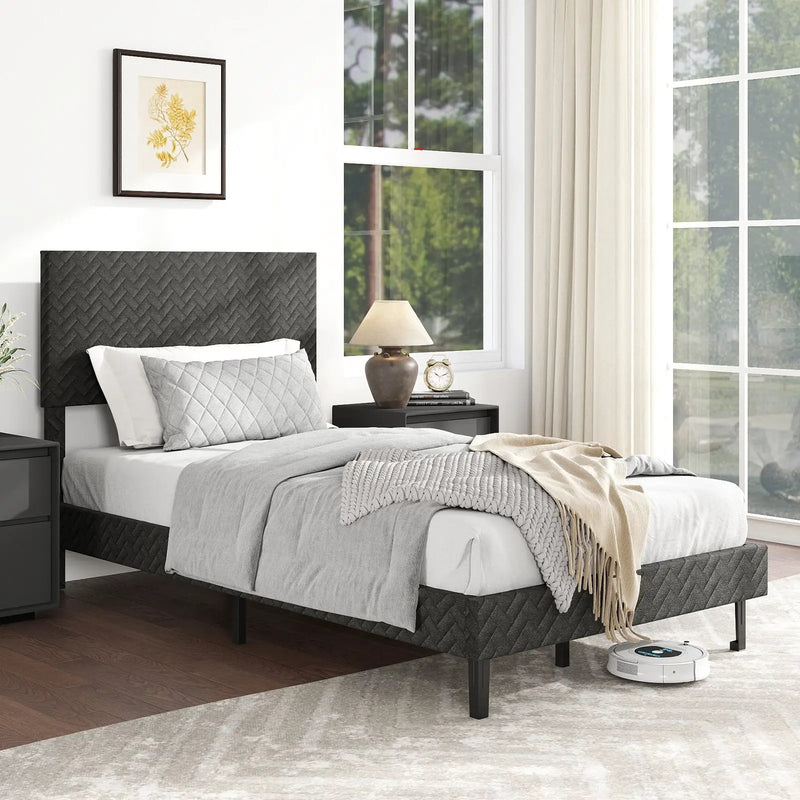 Twin/Full/Queen Size Velvet Bed Frame Upholstered Platform Bed with Chevron Headboard Gray by DirectDeals