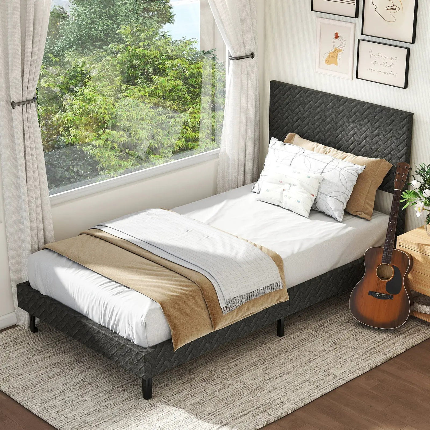 Twin/Full/Queen Size Velvet Bed Frame Upholstered Platform Bed with Chevron Headboard Gray by DirectDeals