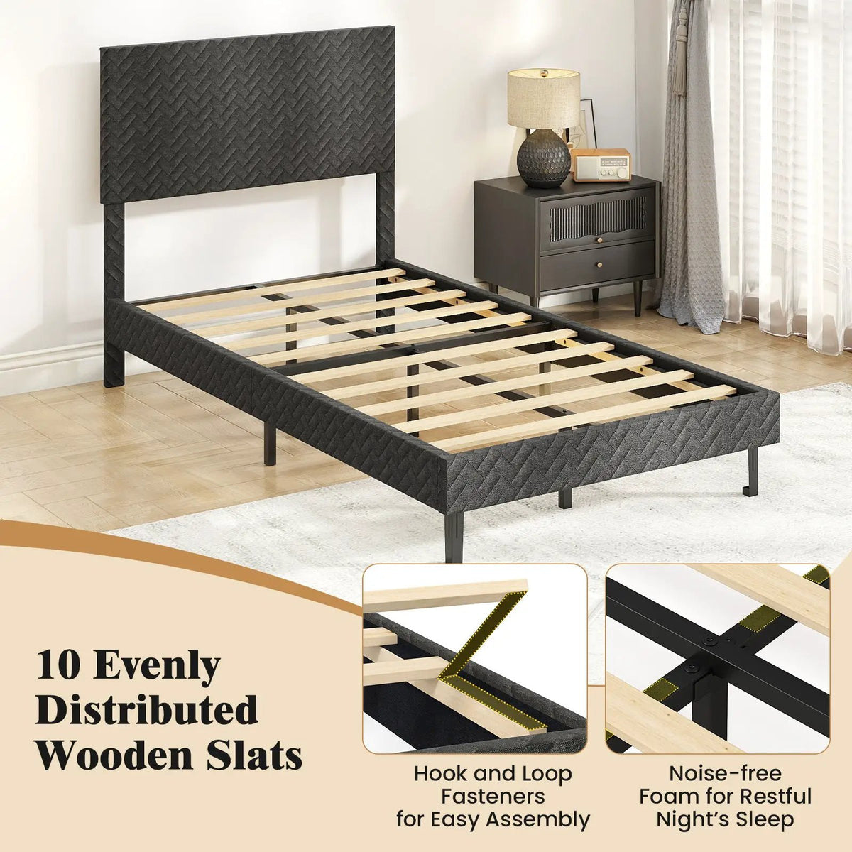 Twin/Full/Queen Size Velvet Bed Frame Upholstered Platform Bed with Chevron Headboard Gray by DirectDeals