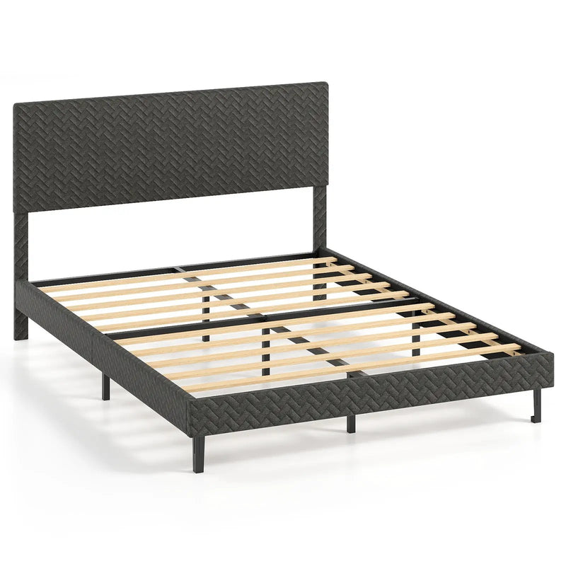 Twin/Full/Queen Size Velvet Bed Frame Upholstered Platform Bed with Chevron Headboard Gray by DirectDeals