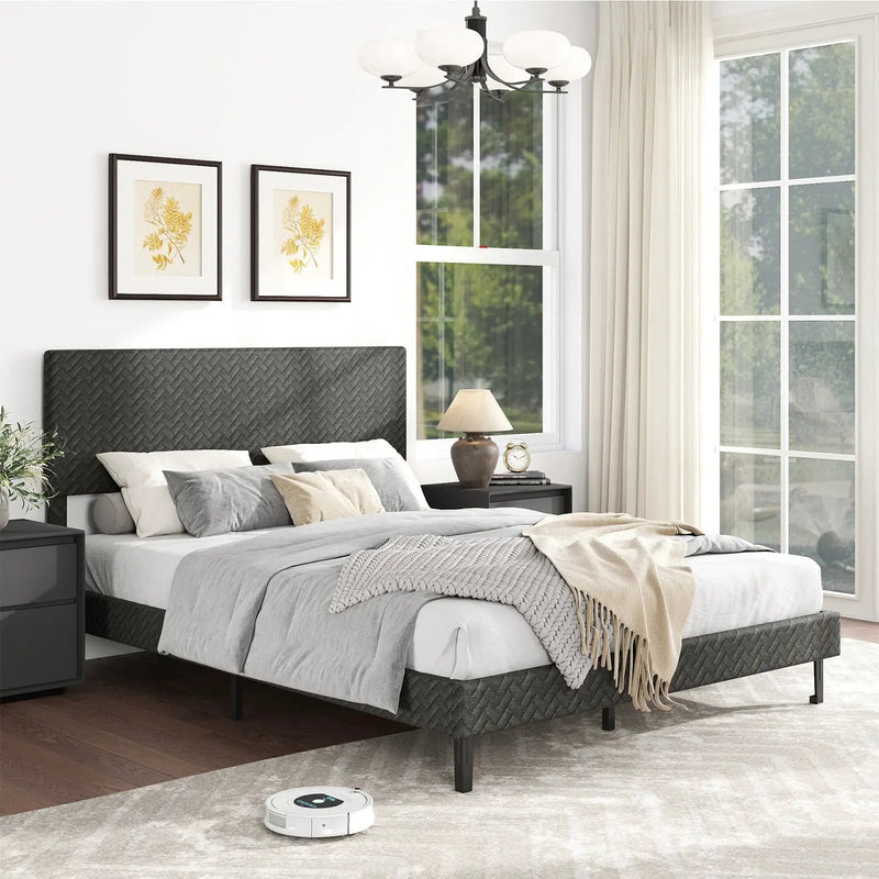 Twin/Full/Queen Size Velvet Bed Frame Upholstered Platform Bed with Chevron Headboard Gray by DirectDeals