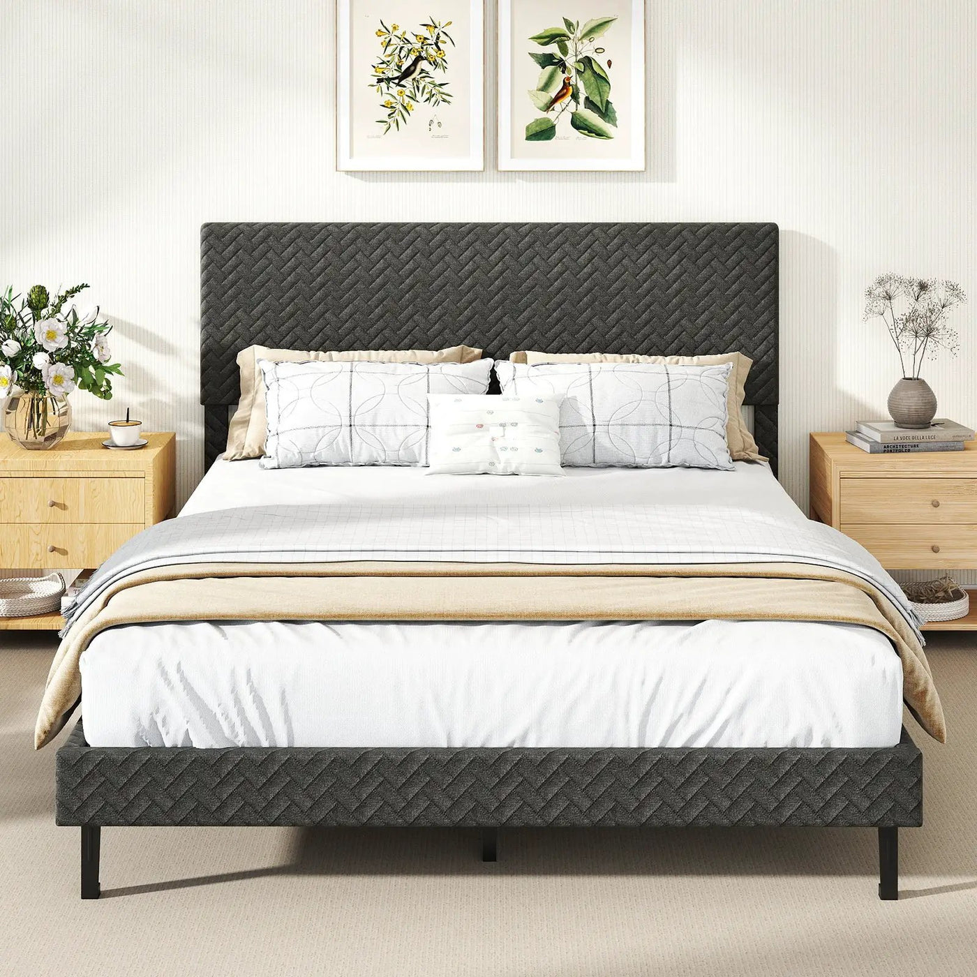 Twin/Full/Queen Size Velvet Bed Frame Upholstered Platform Bed with Chevron Headboard Gray by DirectDeals