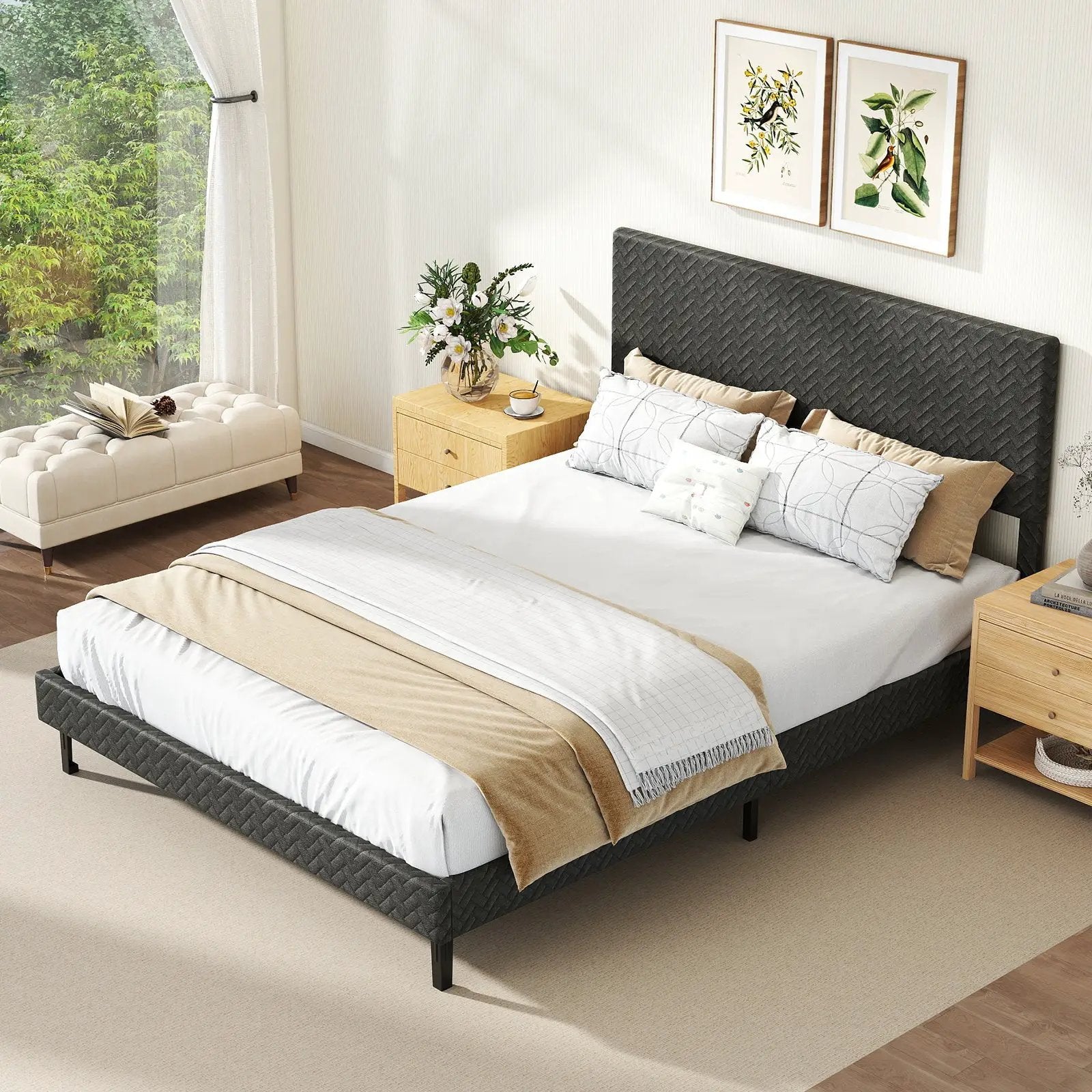Twin/Full/Queen Size Velvet Bed Frame Upholstered Platform Bed with Chevron Headboard Gray by DirectDeals