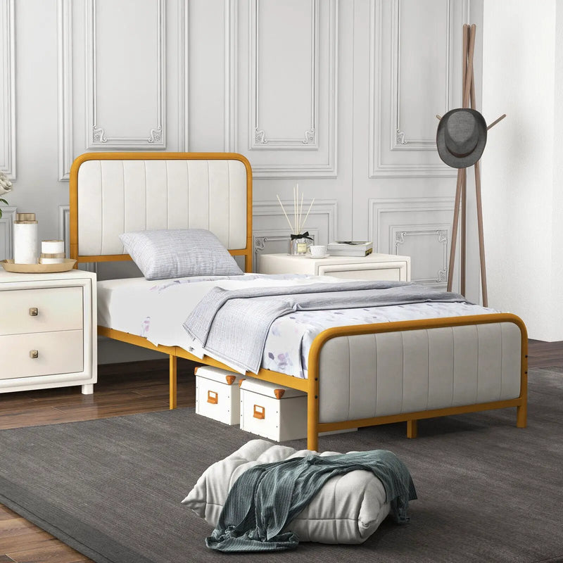 Upholstered Gold Platform Bed Frame with Velvet Headboard by DirectDeals