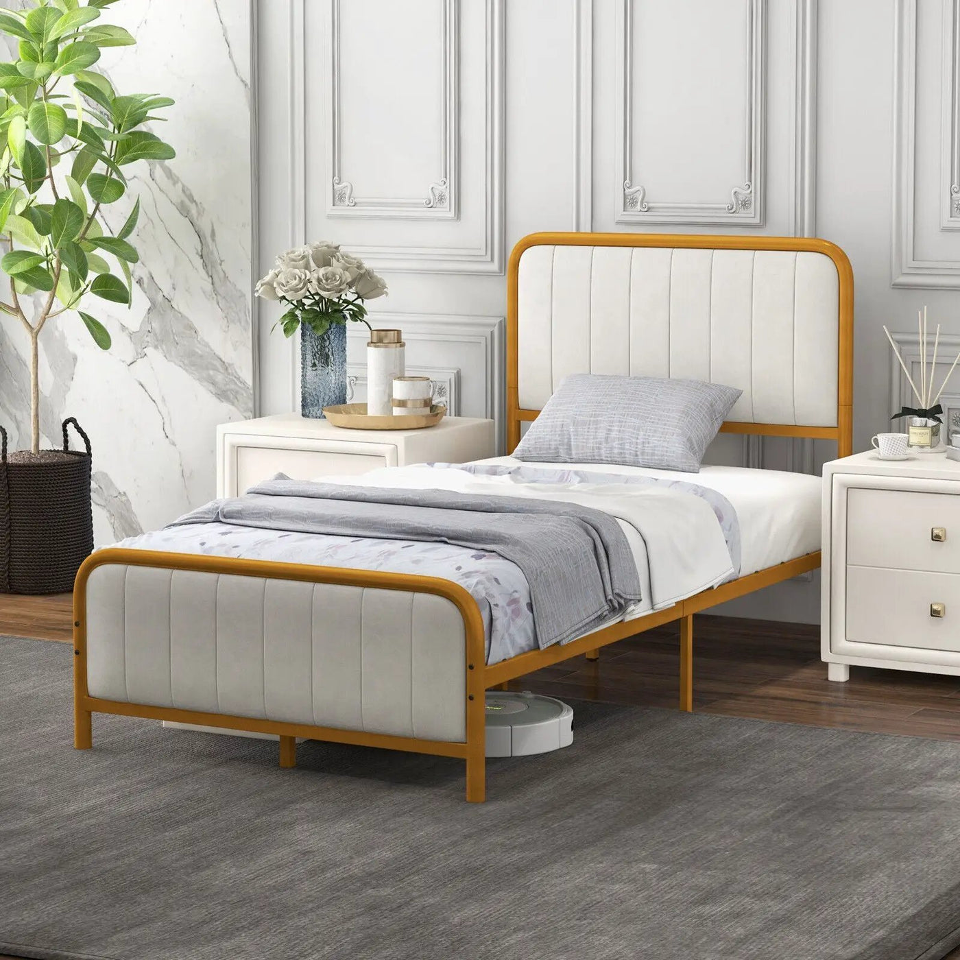 Upholstered Gold Platform Bed Frame with Velvet Headboard by DirectDeals
