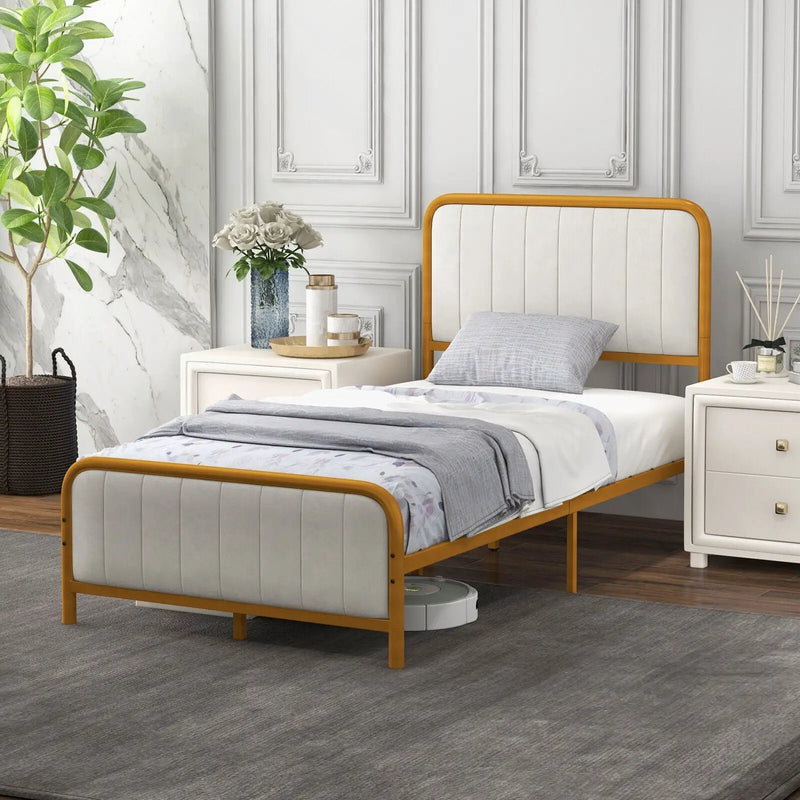 Upholstered Gold Platform Bed Frame with Velvet Headboard by DirectDeals