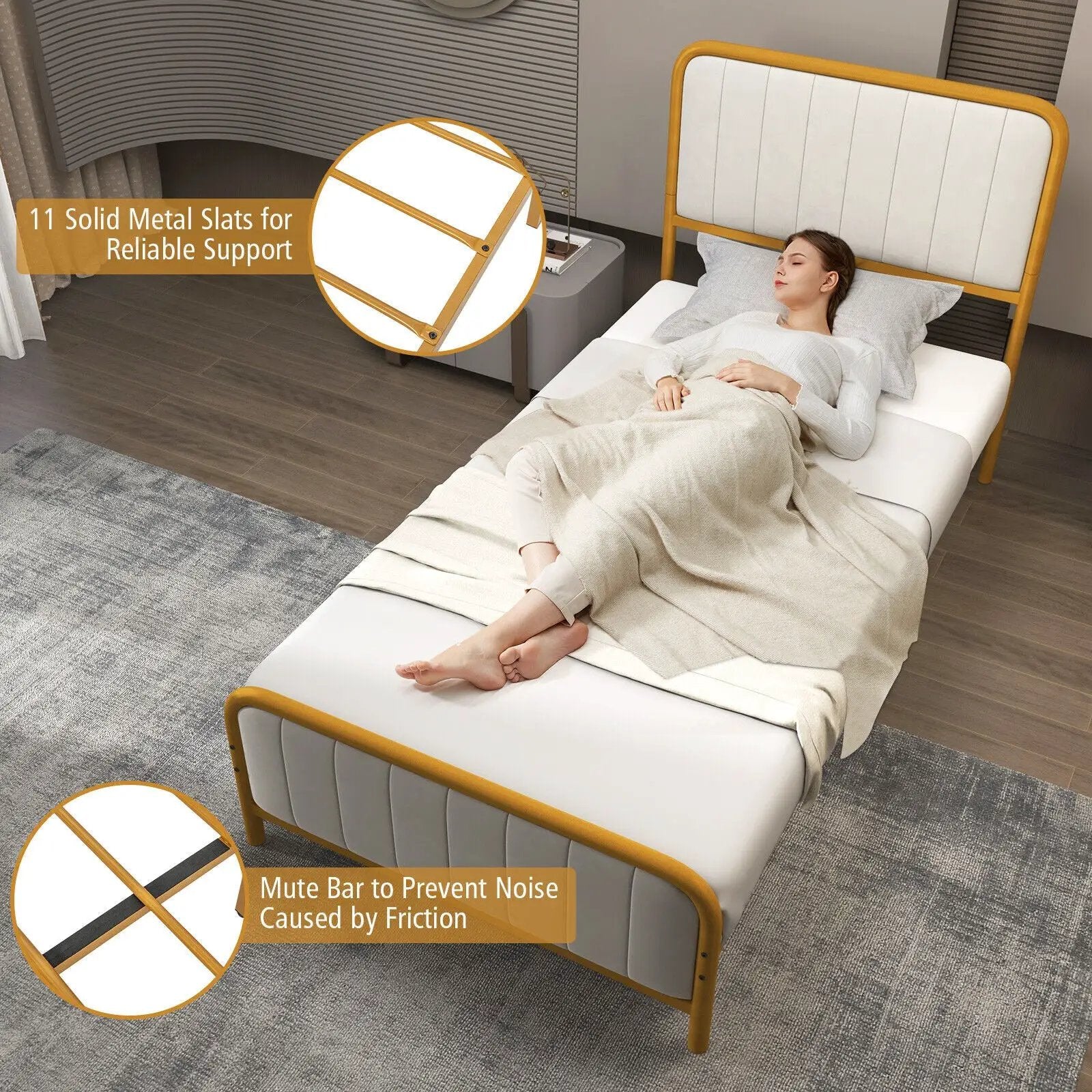 Upholstered Gold Platform Bed Frame with Velvet Headboard by DirectDeals
