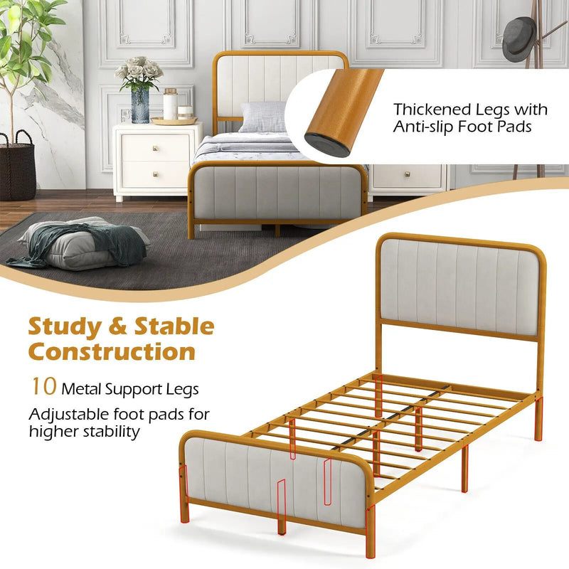 Upholstered Gold Platform Bed Frame with Velvet Headboard by DirectDeals