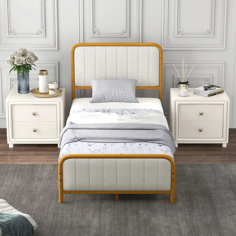 Upholstered Gold Platform Bed Frame with Velvet Headboard by DirectDeals