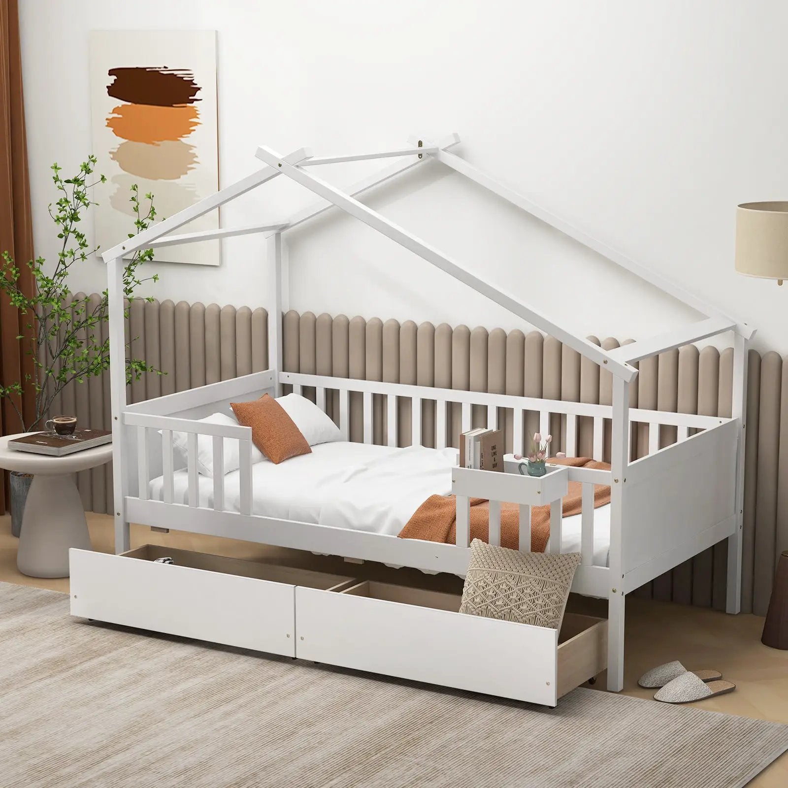 Twin House Bed with 2 Storage Drawers and Roof & Fence Rails by DirectDeals
