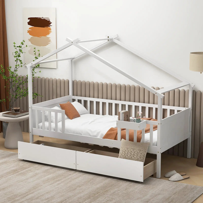 Twin House Bed with 2 Storage Drawers and Roof & Fence Rails by DirectDeals