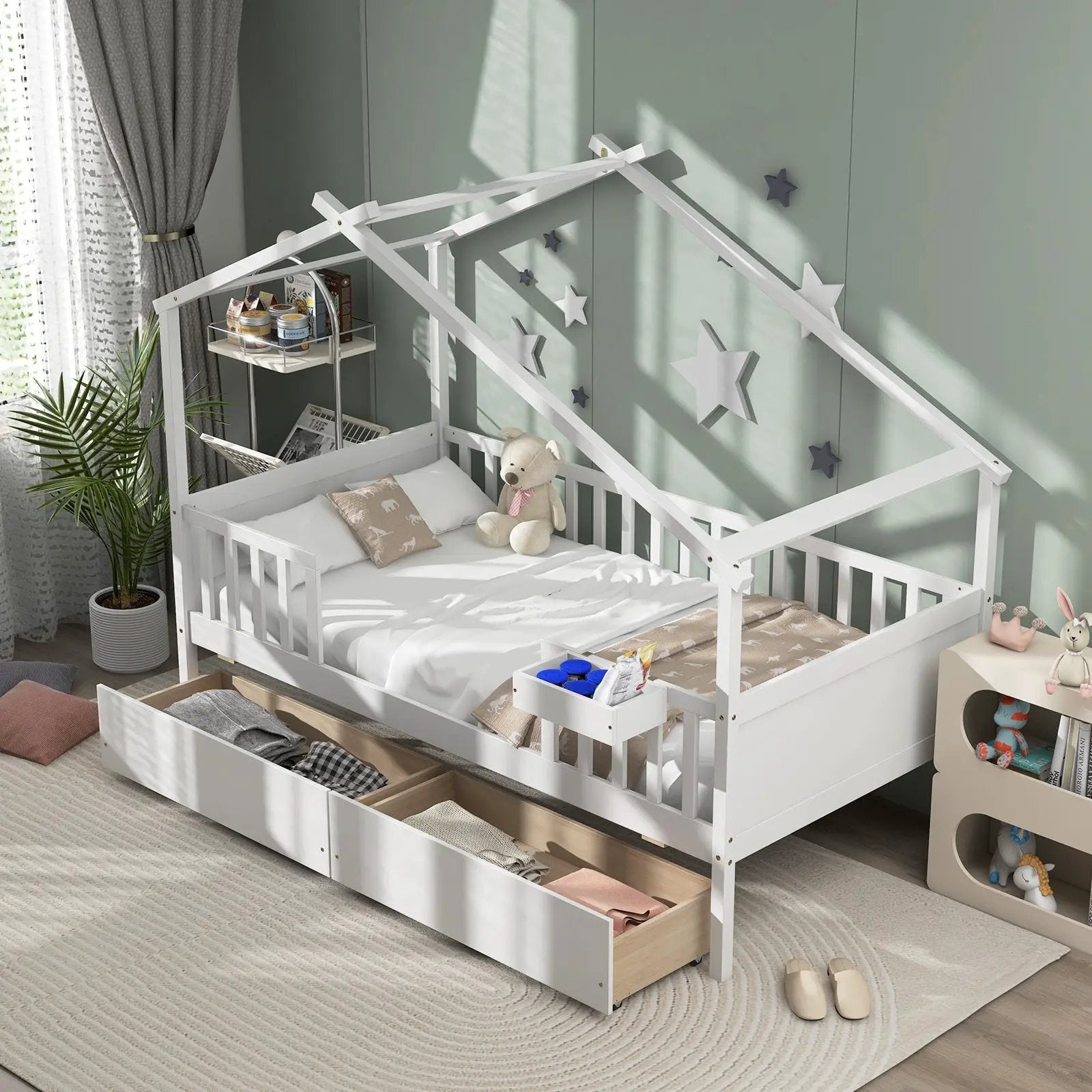 Twin House Bed with 2 Storage Drawers and Roof & Fence Rails by DirectDeals