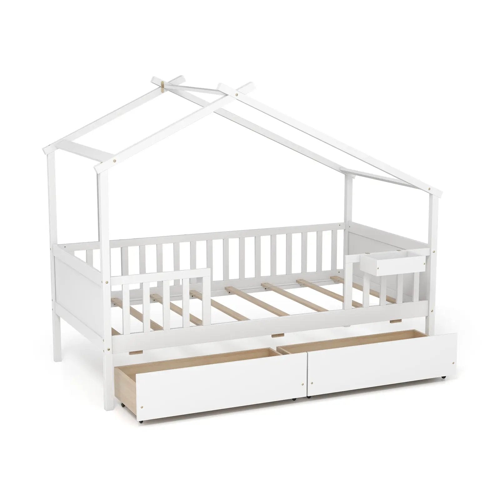 Twin House Bed with 2 Storage Drawers and Roof & Fence Rails by DirectDeals