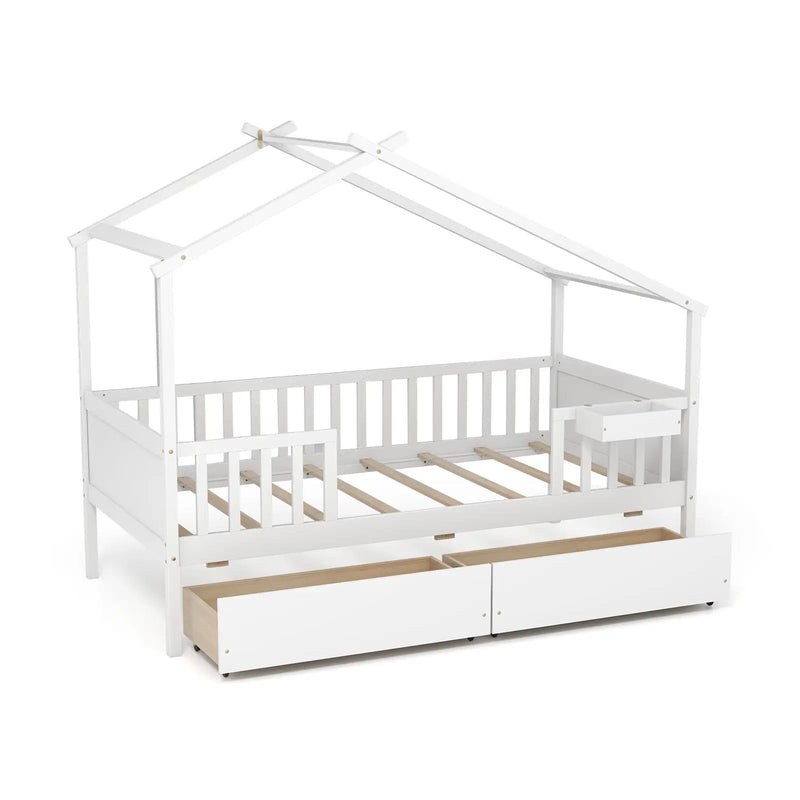 Twin House Bed with 2 Storage Drawers and Roof & Fence Rails by DirectDeals