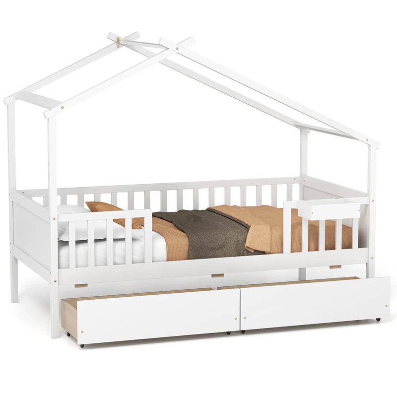 Twin House Bed with 2 Storage Drawers and Roof & Fence Rails by DirectDeals
