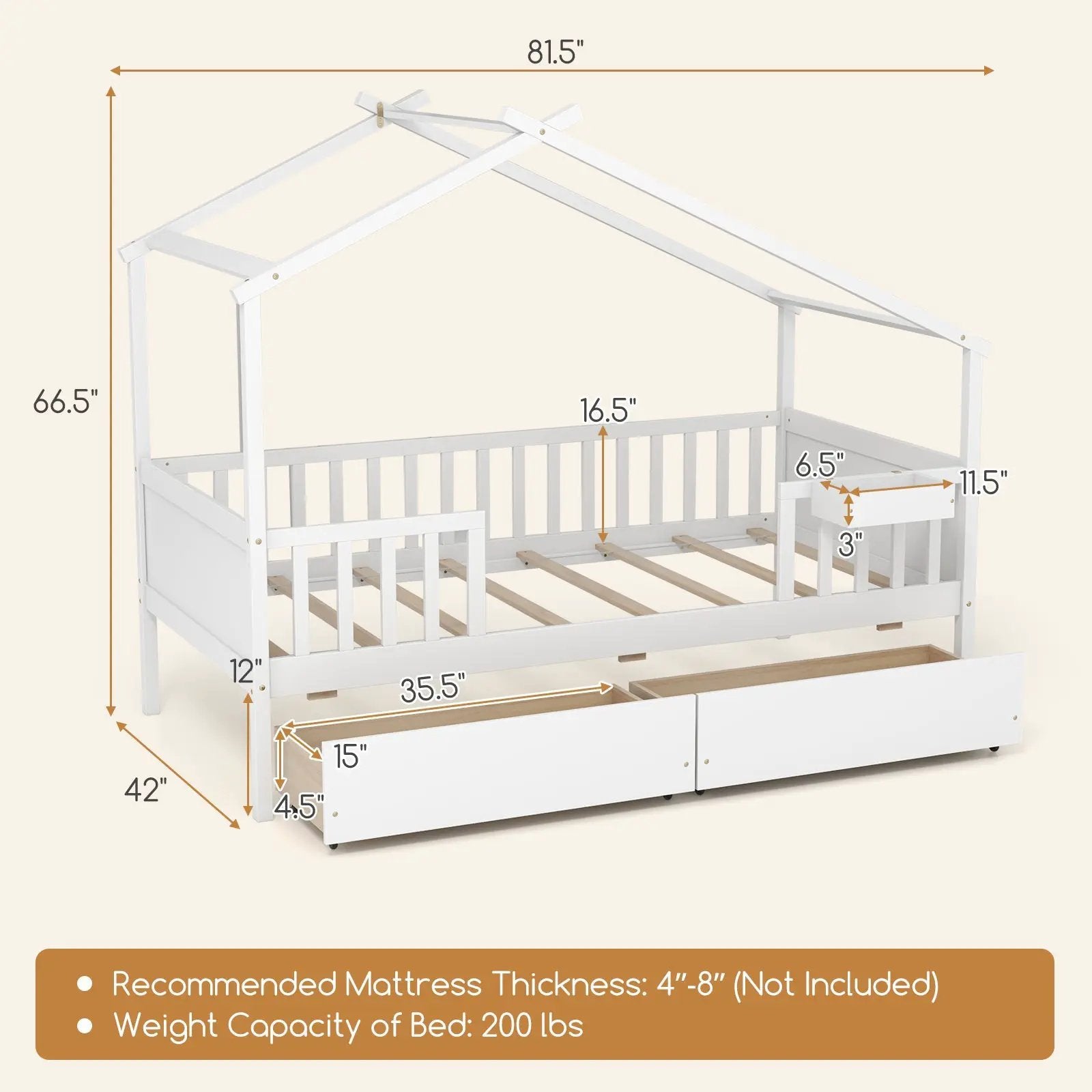 Twin House Bed with 2 Storage Drawers and Roof & Fence Rails by DirectDeals