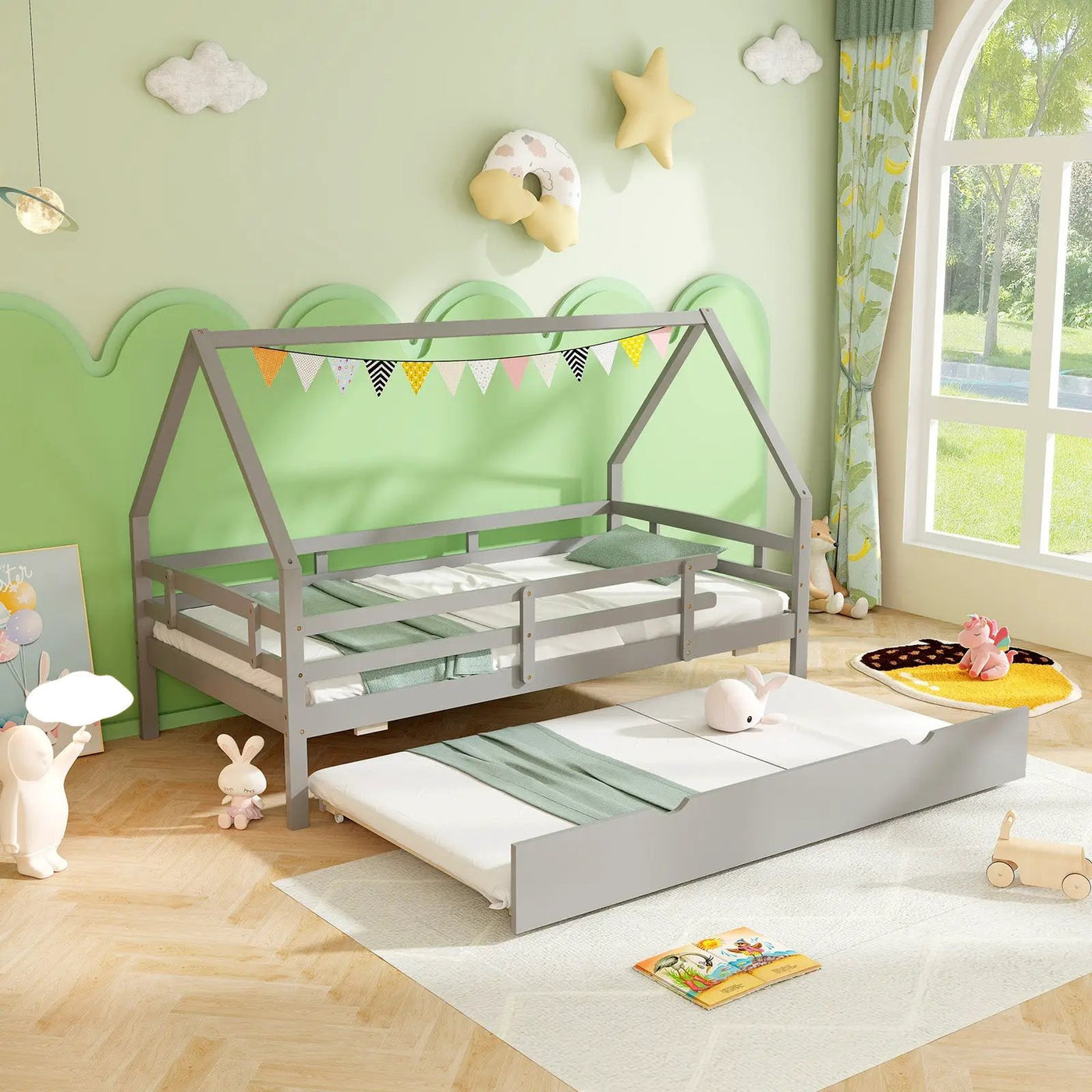 Twin House Bed with Trundle and Fence Rail by DirectDeals