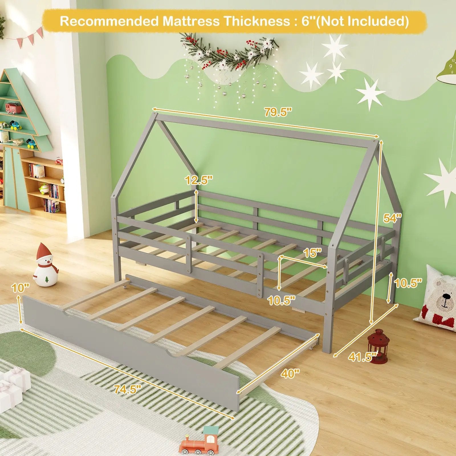 Twin House Bed with Trundle and Fence Rail by DirectDeals