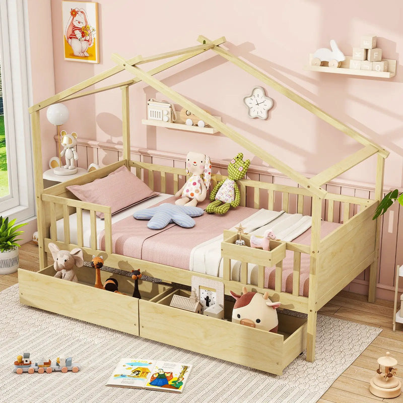 Twin House Bed with 2 Storage Drawers and Roof & Fence Rails by DirectDeals