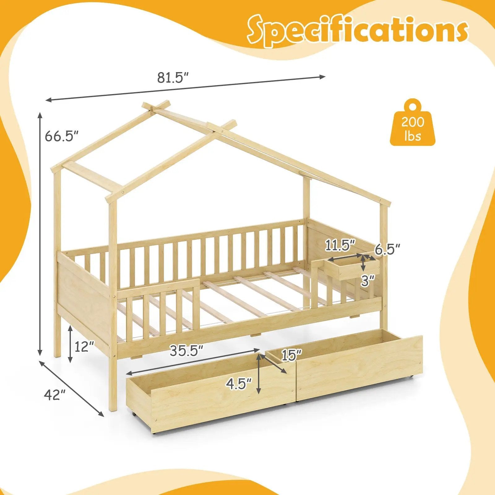 Twin House Bed with 2 Storage Drawers and Roof & Fence Rails by DirectDeals