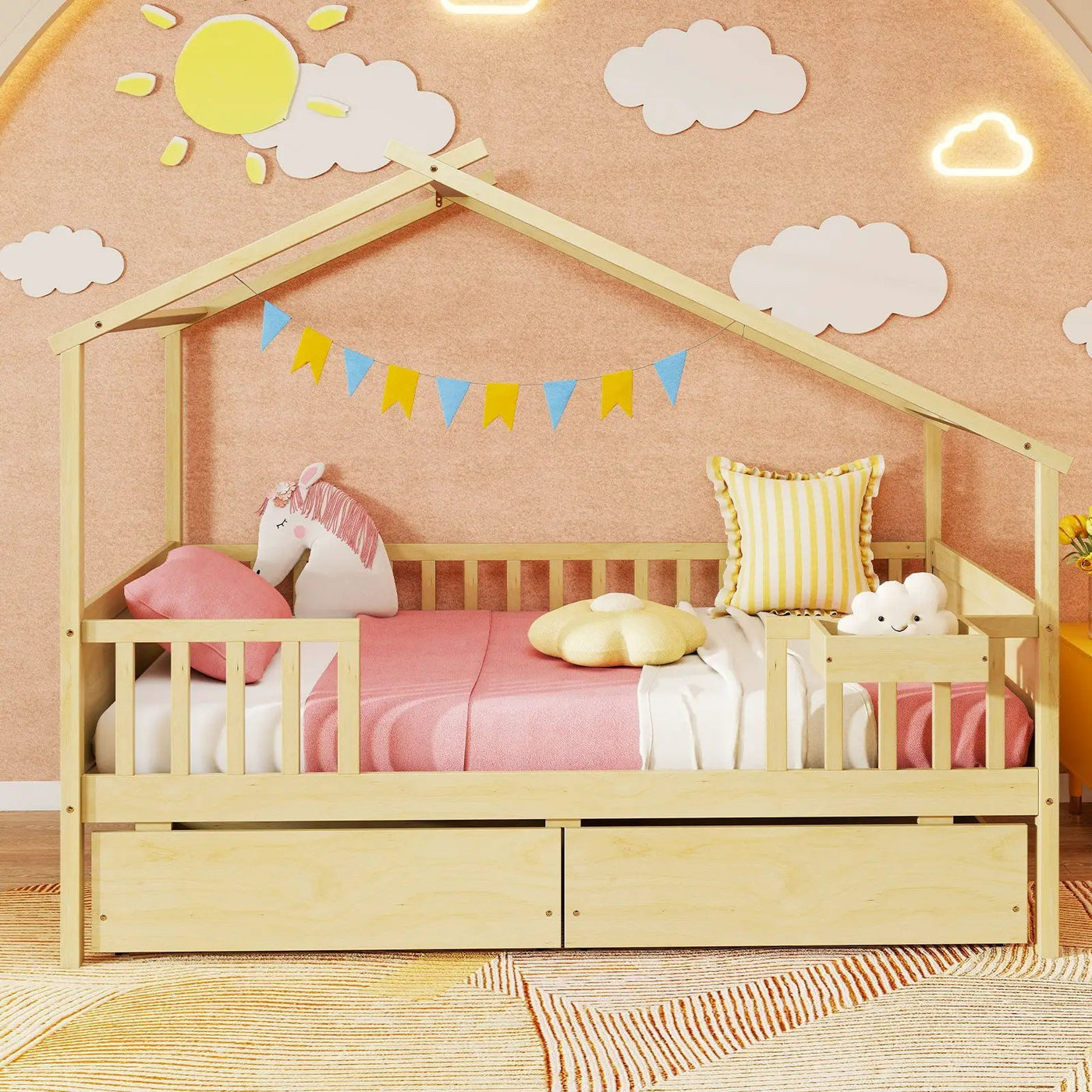 Twin House Bed with 2 Storage Drawers and Roof & Fence Rails by DirectDeals