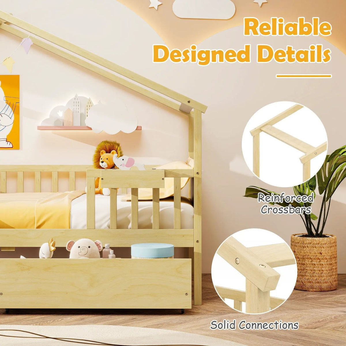 Twin House Bed with 2 Storage Drawers and Roof & Fence Rails by DirectDeals