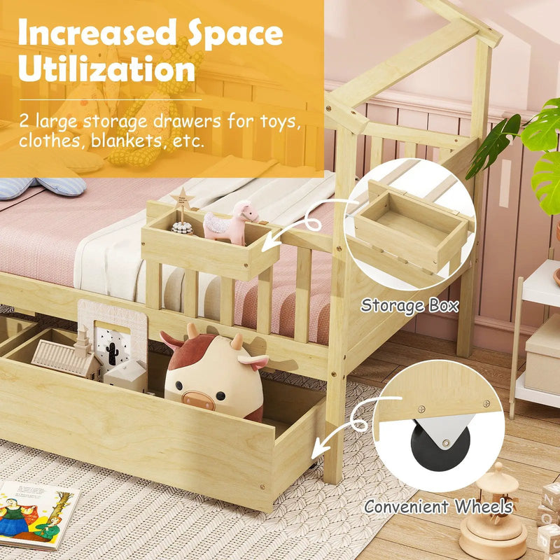 Twin House Bed with 2 Storage Drawers and Roof & Fence Rails by DirectDeals