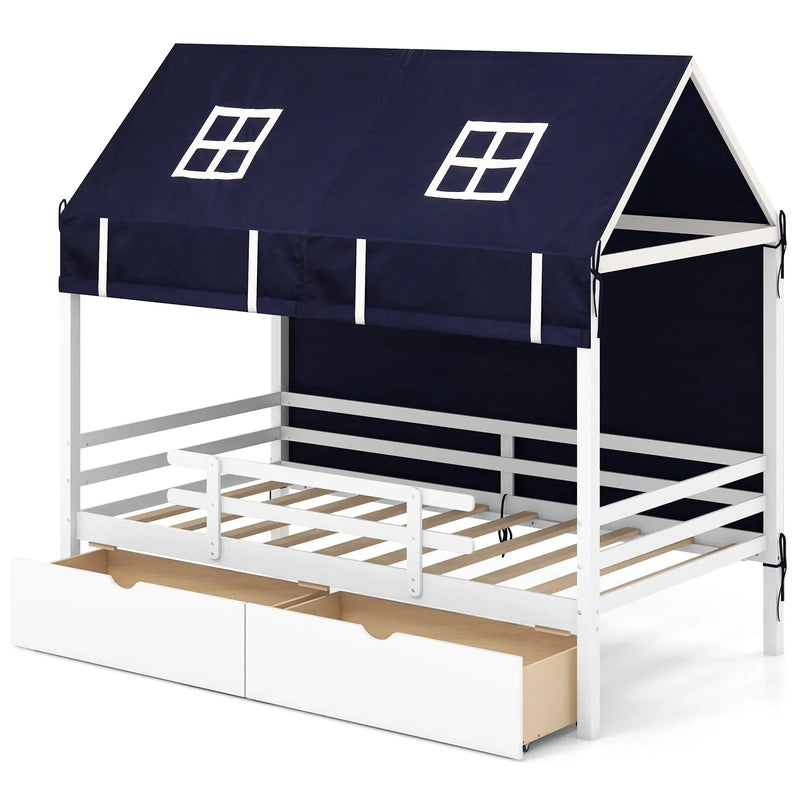 Twin House Bed with Tent and 2 Storage Drawers for Kids-White by DirectDeals