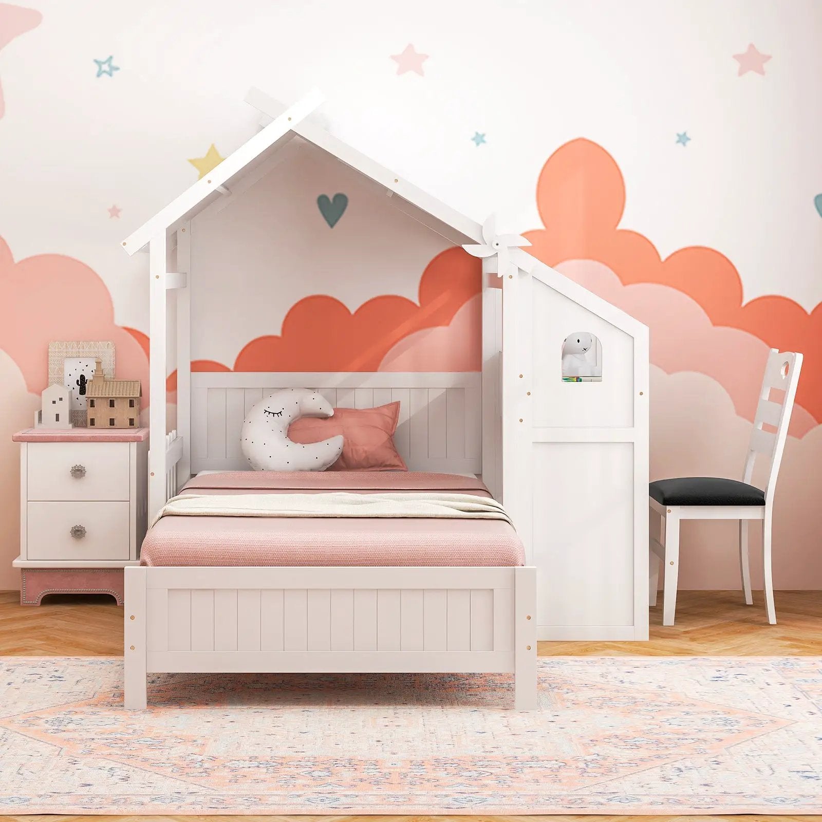 Twin House Bed with with 2 Drawers and Windmill-White by DirectDeals