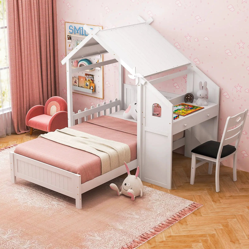 Twin House Bed with with 2 Drawers and Windmill-White by DirectDeals