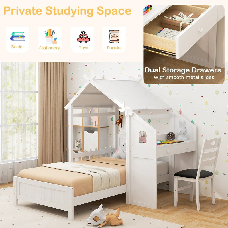 Twin House Bed with with 2 Drawers and Windmill-White by DirectDeals