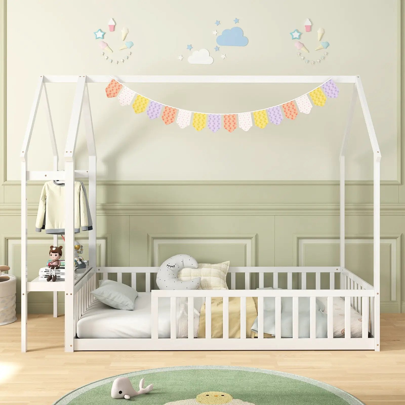 Twin House Floor Bed Montessori Bed Frame with Storage Shelf-White by DirectDeals