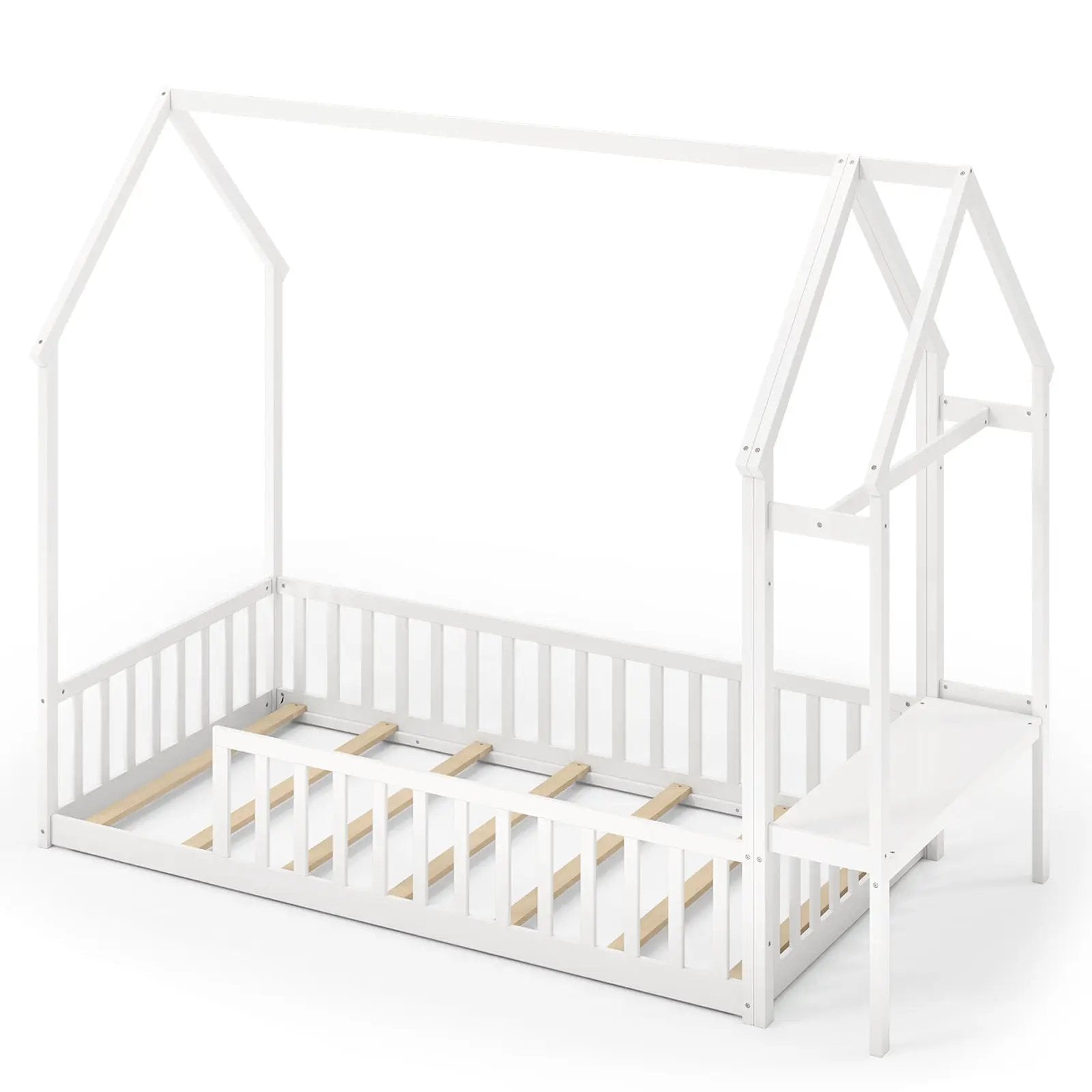 Twin House Floor Bed Montessori Bed Frame with Storage Shelf-White by DirectDeals