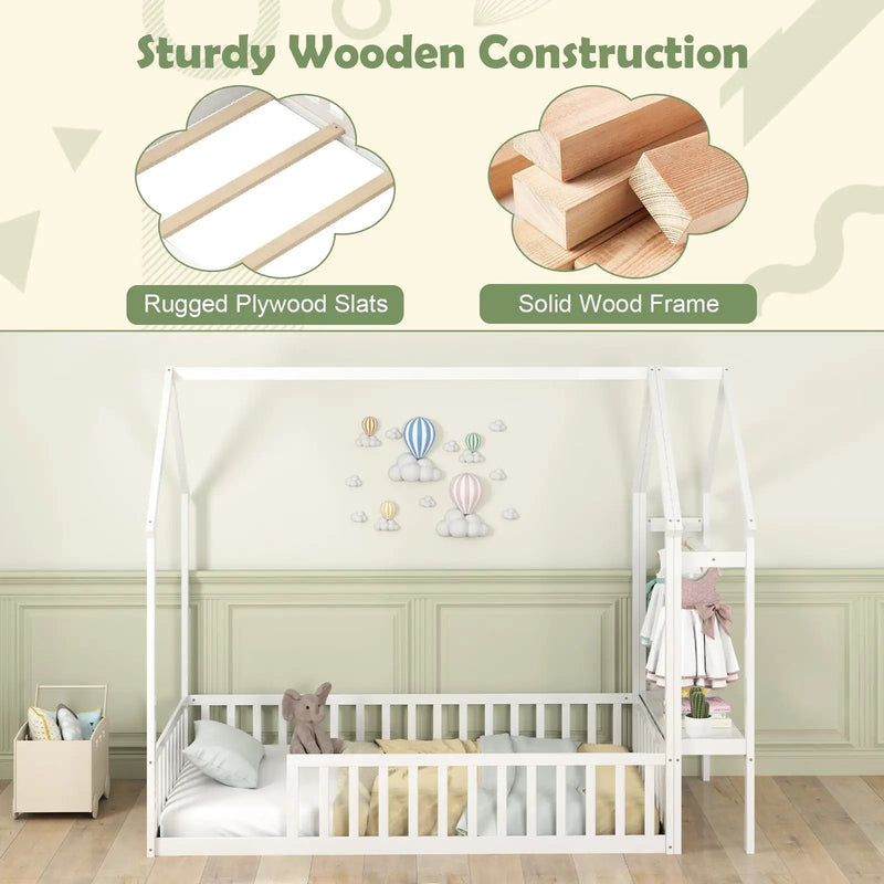Twin House Floor Bed Montessori Bed Frame with Storage Shelf-White by DirectDeals