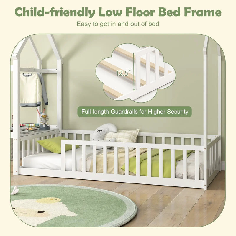 Twin House Floor Bed Montessori Bed Frame with Storage Shelf-White by DirectDeals