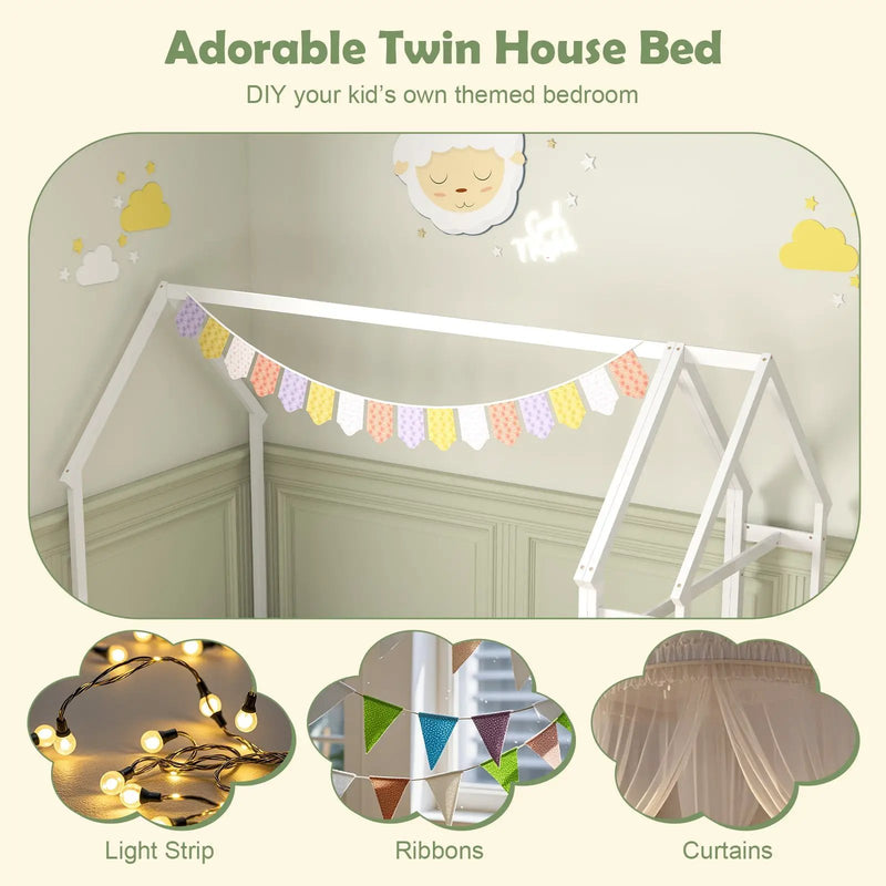 Twin House Floor Bed Montessori Bed Frame with Storage Shelf-White by DirectDeals