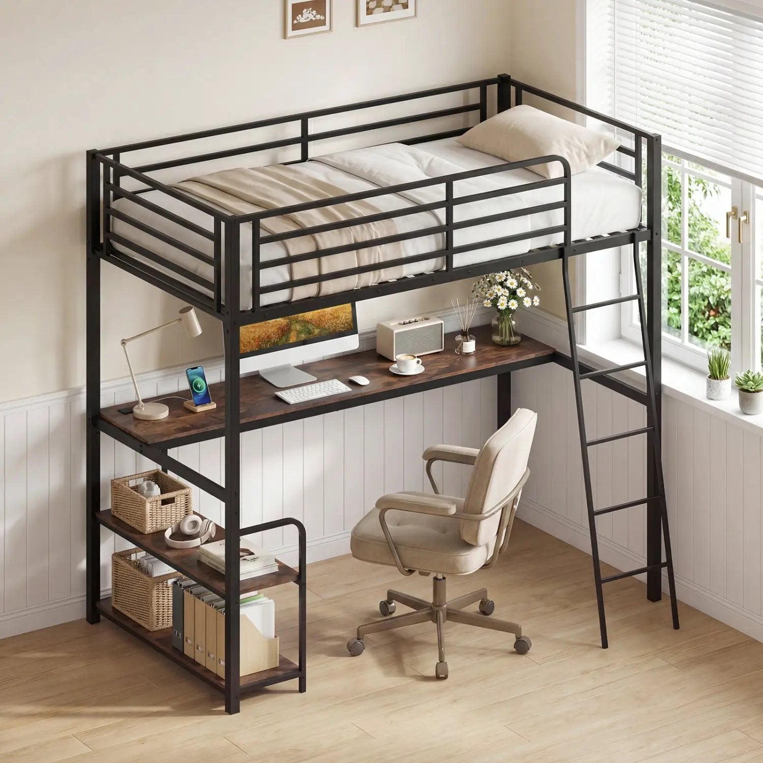 Twin Loft Bed with Desk and Shelves for Kids and Adults by DirectDeals